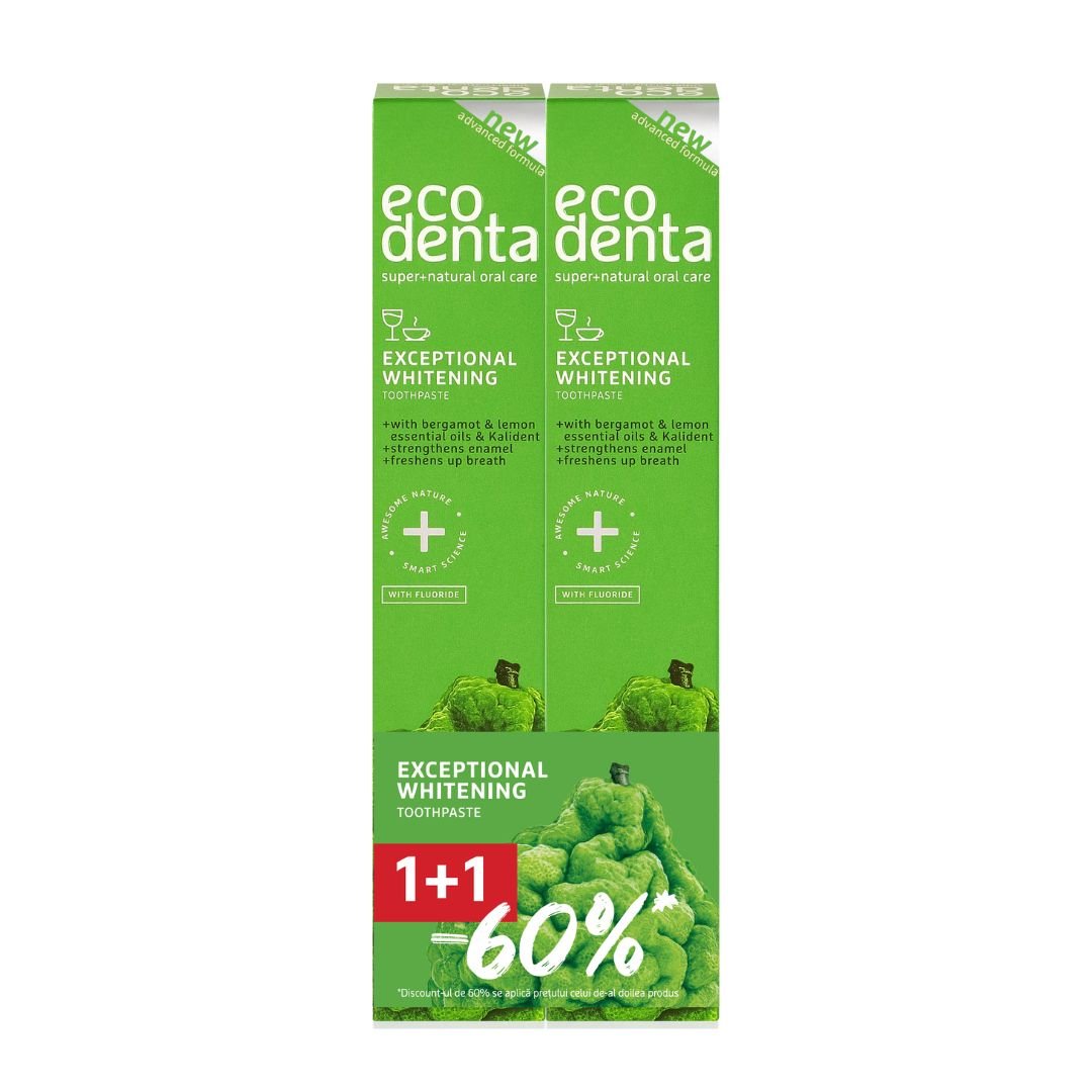 Pachet 1+1 Pasta de dinti pentru albire cu bergamot, uleiuri de lamaie si Kalident, Ecodenta, 2x75ml