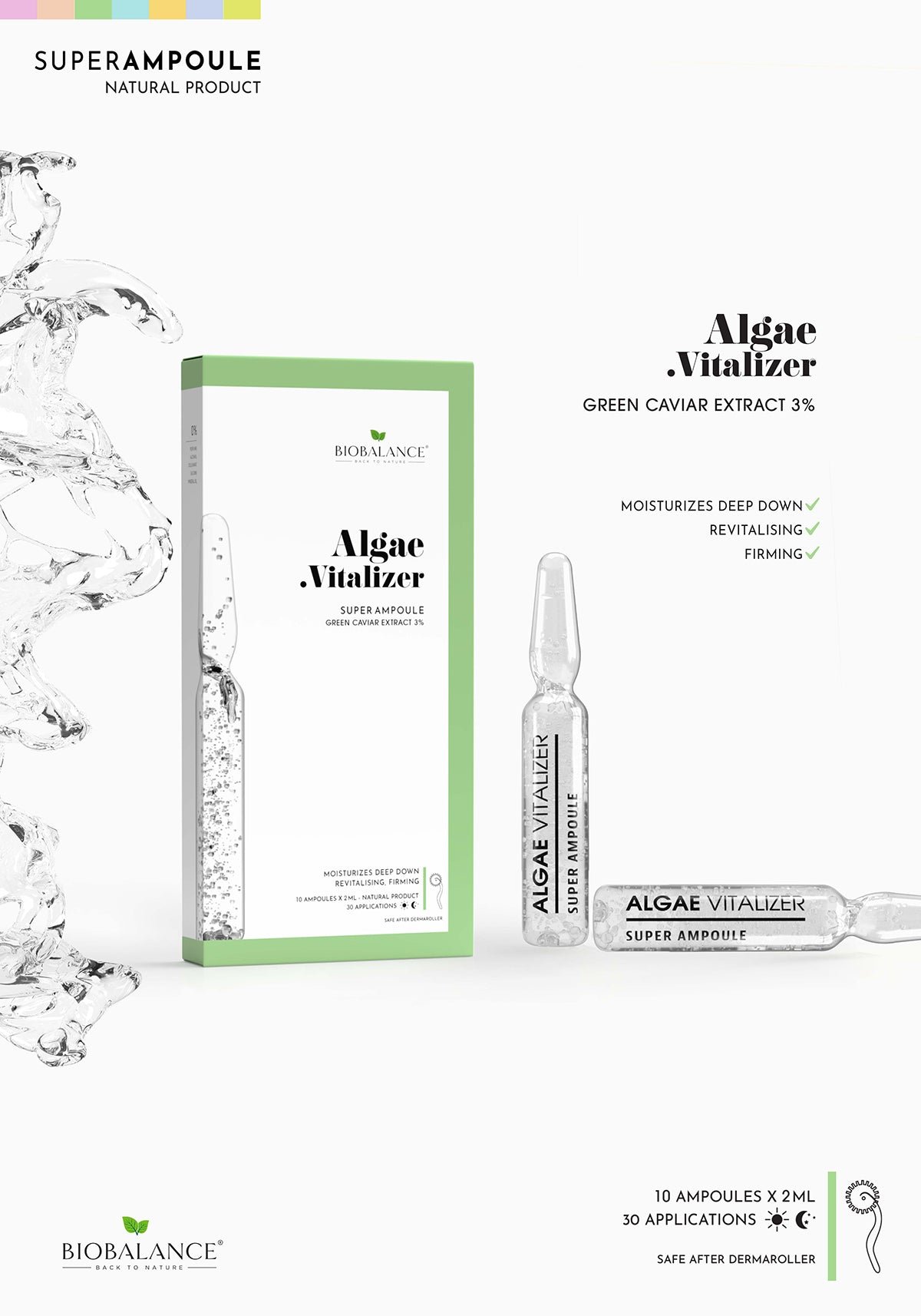 Algae Vitalizer, Fiole concentrate pentru hidratare intensa si fermitate, cu extract de Caviar Verde 3%, Bio Balance, 10 x 2 ml - imagine 2