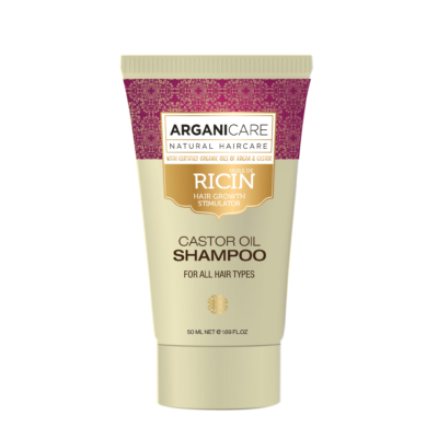 Sampon pentru stimularea cresterii parului cu ulei de ricin pentru toate tipurile de par, travel size, Arganicare, 50 ml