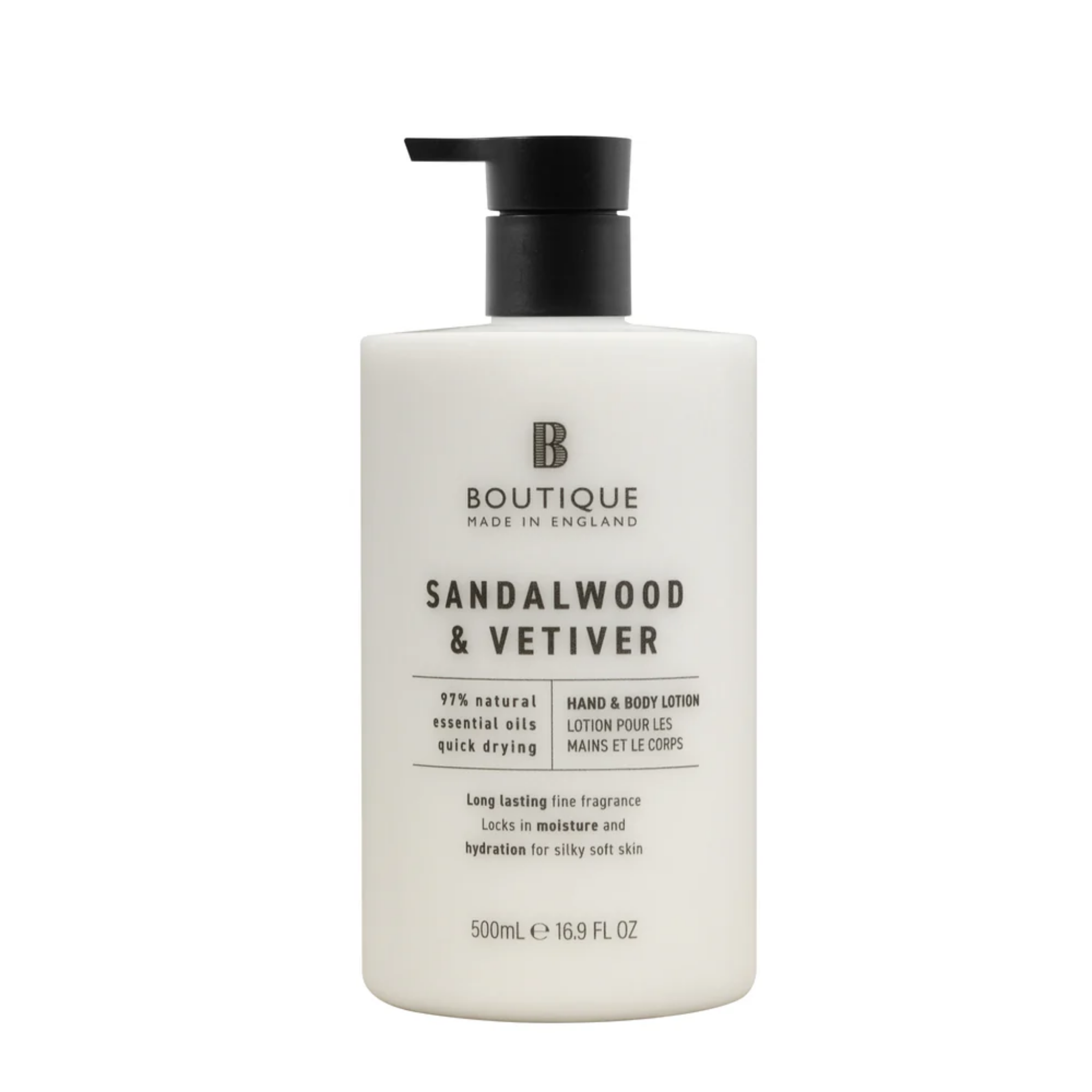 Lotiune pentru maini & corp cu parfum de lemn de santal & vetiver, Boutique, 500 ml