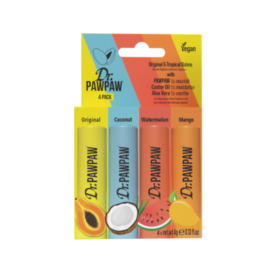 Set 4 balsamuri de buze, cu pawpaw, ulei de ricin si aloe vera, Original & Tropical Balms, Dr.PAWPAW, 4 x4 g